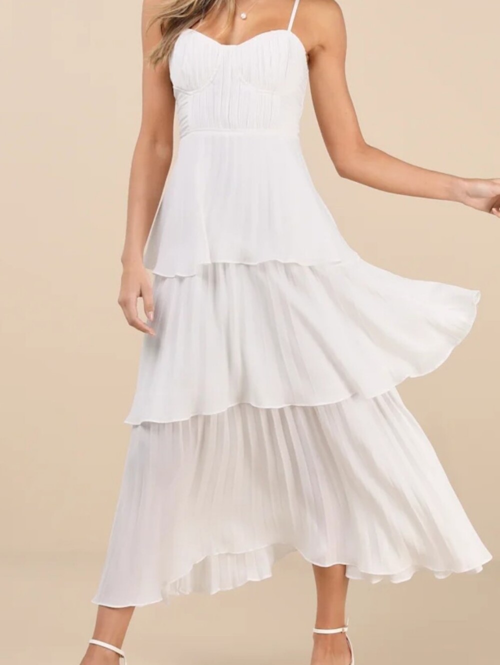 Lulu's White Cascade Crush Tiered Bustier  Midi Pleated Dress Size Small Nwt.
